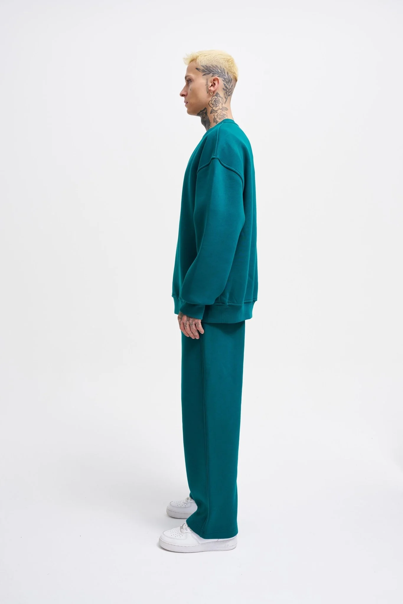 Erkek Basic Bisiklet Yaka Oversize Sweatshirt Yağ Yeşili - Image 6