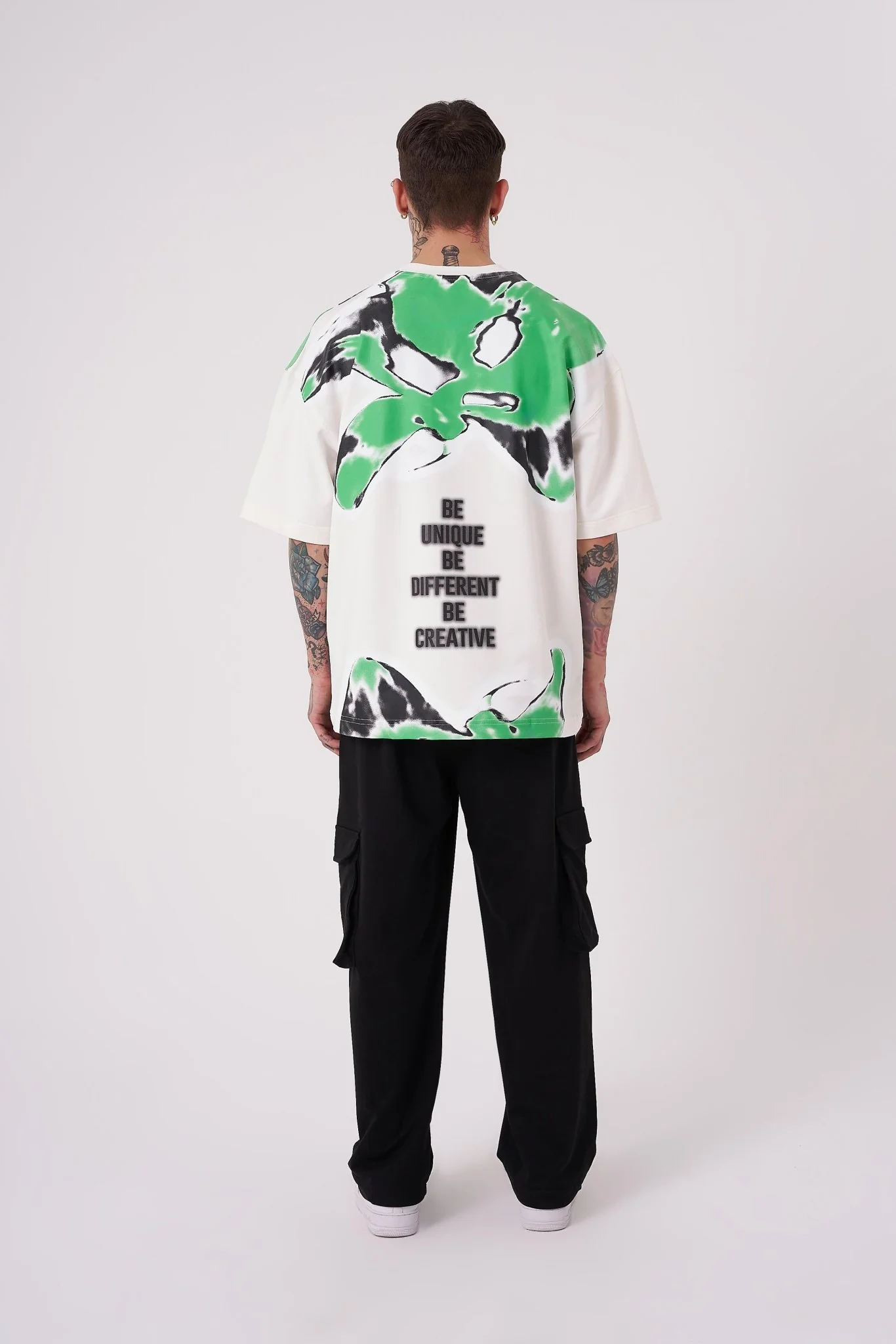 Erkek Lotus Flower Baskılı Oversize Tişört Ekru - Image 5