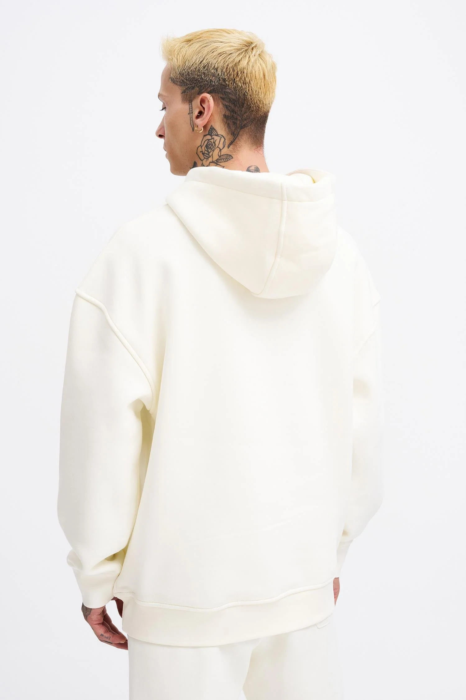 Erkek Oversize Basic Kapüşonlu Sweatshirt Ekru - Image 4