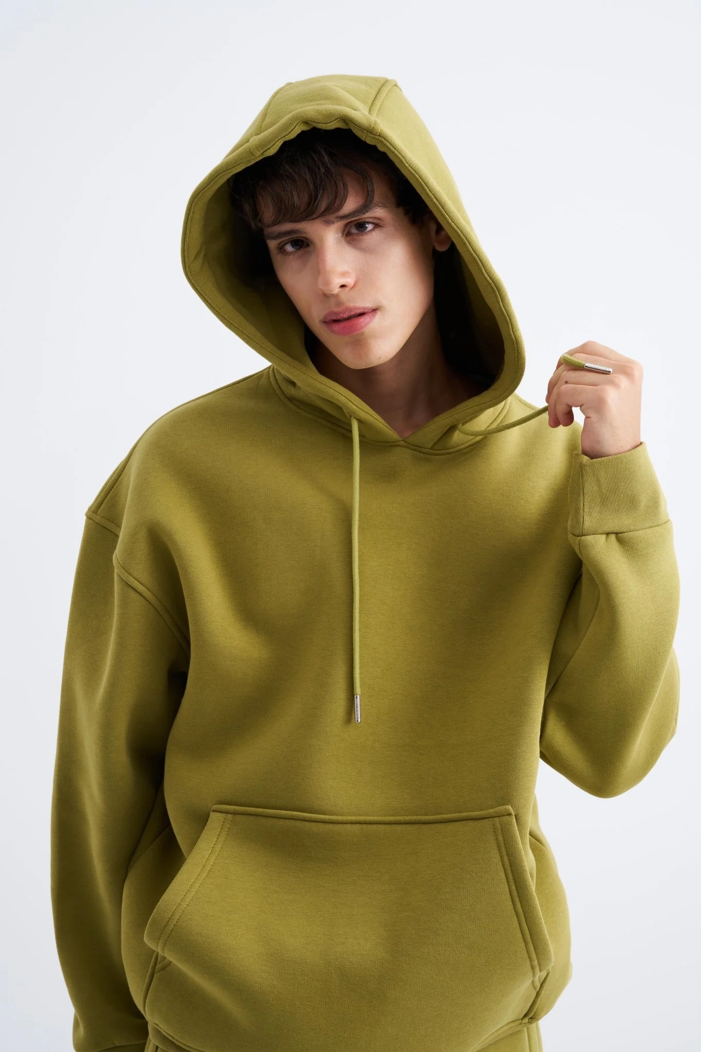 Erkek Oversize Basic Kapüşonlu Sweatshirt Yeşil - Image 3