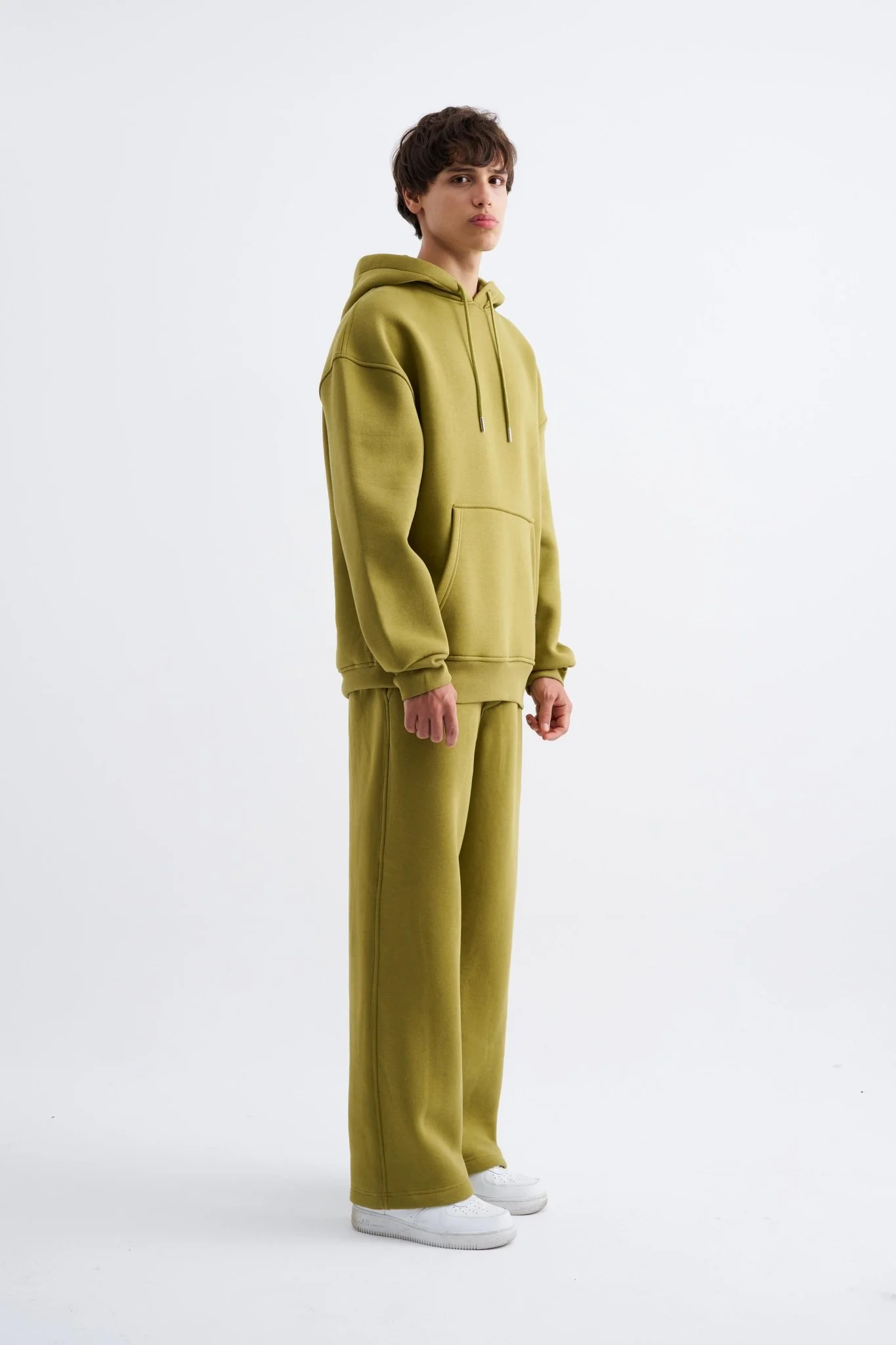 Erkek Oversize Basic Kapüşonlu Sweatshirt Yeşil - Image 5