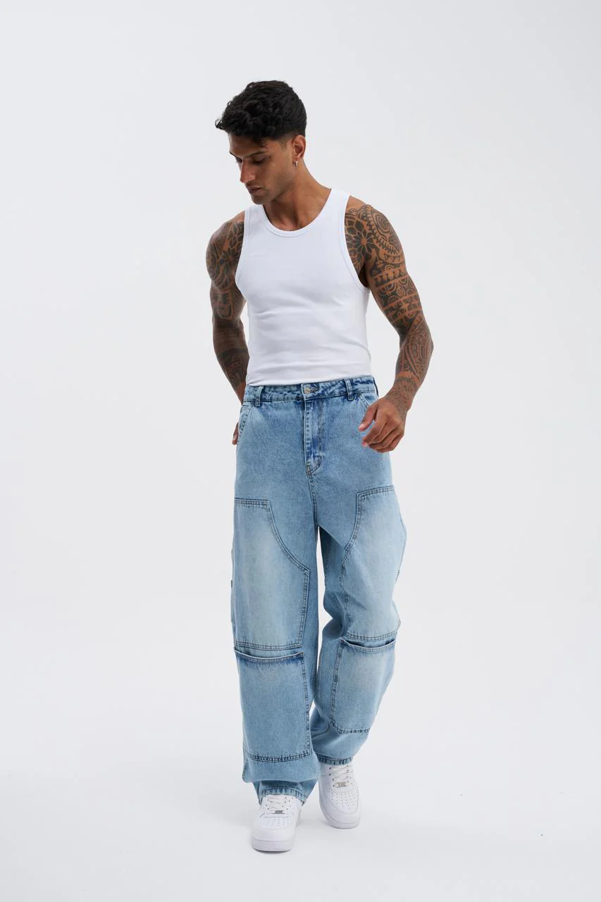Erkek Oversize Yıkama Efektli Jean Pantolon Açık Mavi - Image 5