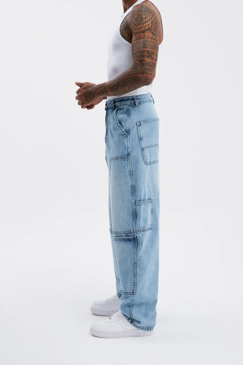 Erkek Oversize Yıkama Efektli Jean Pantolon Açık Mavi - Image 9