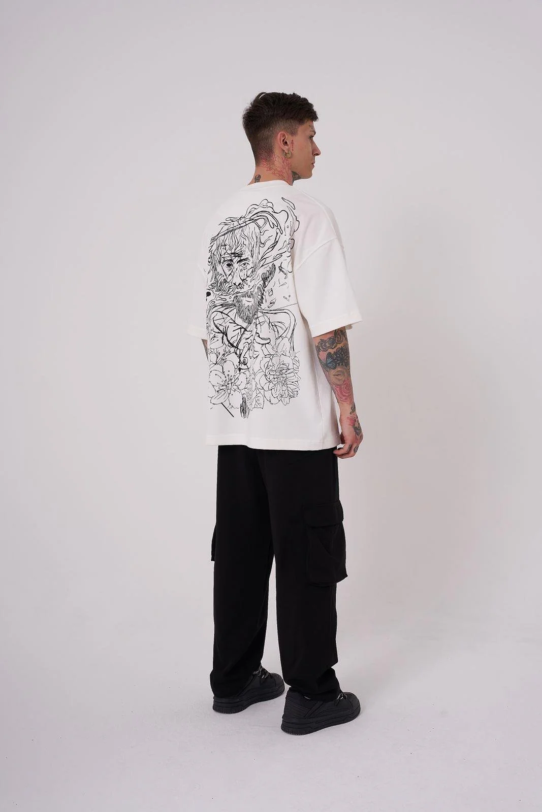 Erkek Premium Aristotales High Baskılı Oversize Tişört Ekru - Image 4